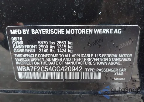 2016 BMW 750I xDrive from USA, damaged, VIN WBA7F2C54GG420942
